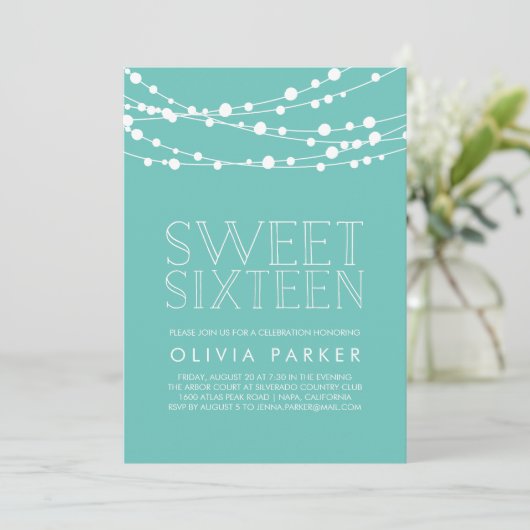 Turquoise String Lights Sweet Sixteen Uitnodiging (Staand voorkant)