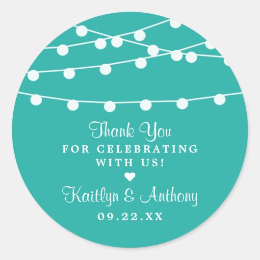 Turquoise String Lights Wedding Favor Ronde Sticker (Voorkant)