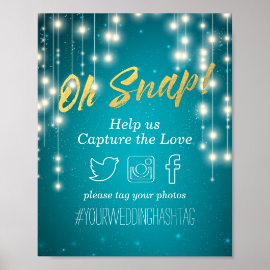 Turquoise String Lights Wedding Oh Snap Hashtag Poster (Voorkant)
