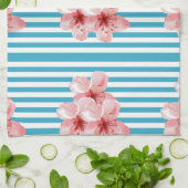 Turquoise Stripe Hibiscus Flower Kitchen Towel Theedoek (Gevouwen)
