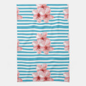 Turquoise Stripe Hibiscus Flower Kitchen Towel Theedoek (Verticaal)