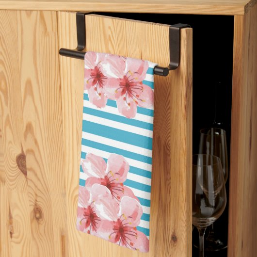 Turquoise Stripe Hibiscus Flower Kitchen Towel Theedoek (Derde Gevouwen)
