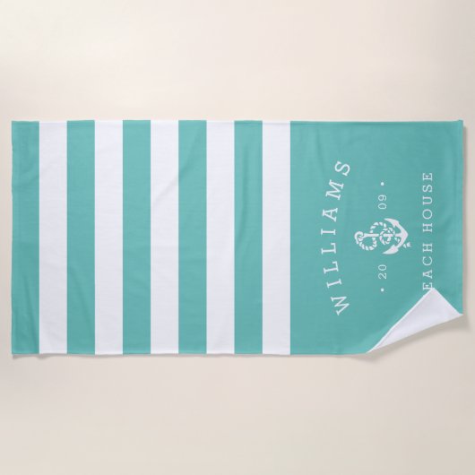 Turquoise Stripe Personalized Beach House Strandlaken (Voorkant)