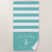 Turquoise Stripe Personalized Beach House Strandlaken (Voorkant)