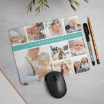 Turquoise Stripe Photo Collage Muismat<br><div class="desc">De grafische foto collage mousepad toont negen favoriete foto's in een vierkant formaat,  met uw familienaam,  bedrijfsnaam of keus van verpersoonlijking die op een dunne band van levendige turquoise aqua wordt getoond.</div>