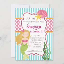 Turquoise Stripe, Pink Polka Dot Blonde Mermaid Kaart