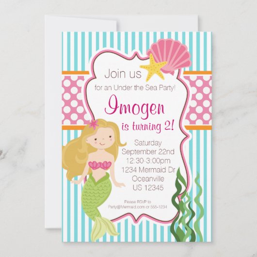 Turquoise Stripe, Pink Polka Dot Blonde Mermaid Kaart (Voorkant)