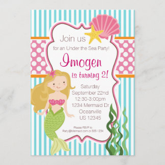 Turquoise Stripe, Pink Polka Dot Blonde Mermaid Kaart