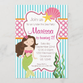 Turquoise Stripe, Pink Polka Dot Brunette Mermaid Kaart