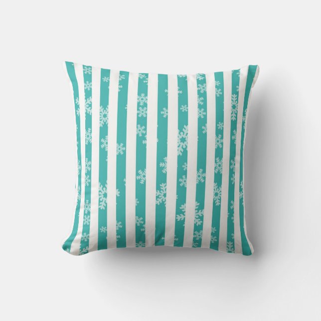 Turquoise Stripe Snowflake Kerstmis Kussen (Voorkant)