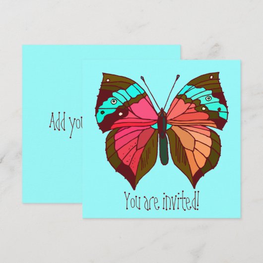 Turquoise Striped Butterfly Invitation Kaart (Voorkant / Achterkant)
