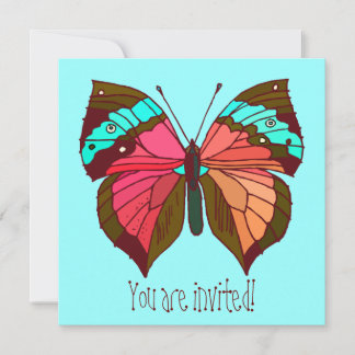 Turquoise Striped Butterfly Invitation Kaart