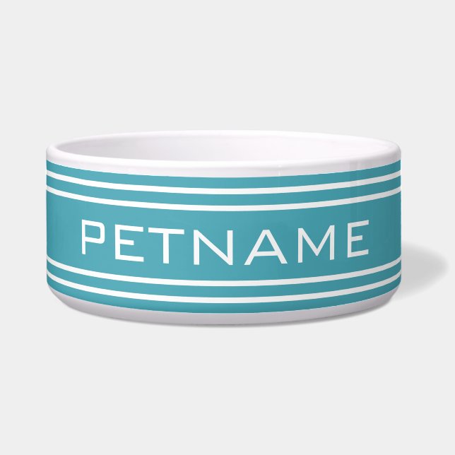 Turquoise Stripes aangepaste monogram pet bowls Voerbakje (Voorkant)
