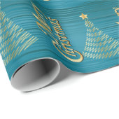 Turquoise Stripes en Gold Scribble-kerstboom Cadeaupapier (Rol Hoek)