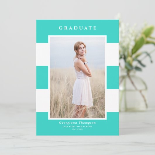 Turquoise Stripes Pattern 2022 Foto Afstuderen Aankondiging (Staand voorkant)