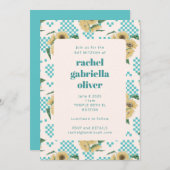 Turquoise Sunflower Checkerboard Bat Mitzvah Kaart (Voorkant / Achterkant)