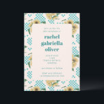 Turquoise Sunflower Checkerboard Bat Mitzvah Kaart<br><div class="desc">Retro Turquoise Sunflower Checkerboard Bat Mitzvah Uitnodiging</div>