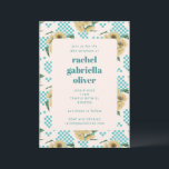 Turquoise Sunflower Checkerboard Bat Mitzvah Kaart<br><div class="desc">Retro Turquoise Sunflower Checkerboard Bat Mitzvah Uitnodiging</div>