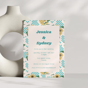 Turquoise Sunflower Checkerboard Retro Wedding Kaart