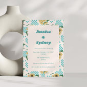Turquoise Sunflower Checkerboard Retro Wedding Kaart