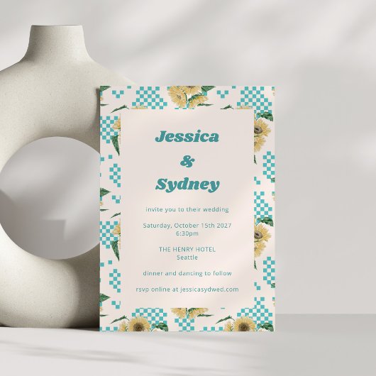 Turquoise Sunflower Checkerboard Retro Wedding Kaart