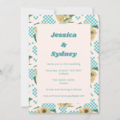 Turquoise Sunflower Checkerboard Retro Wedding Kaart (Voorkant)