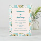 Turquoise Sunflower Checkerboard Retro Wedding Kaart (Staand voorkant)