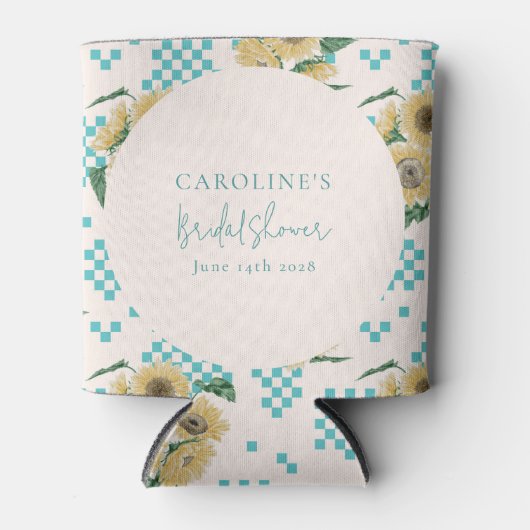 Turquoise Sunflower Checkerboard Vrijgezellenfeest Blikjeskoeler (Voorkant)