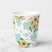 Turquoise Sunflower Checkerboard Vrijgezellenfeest Papieren Bekers (Achterkant)