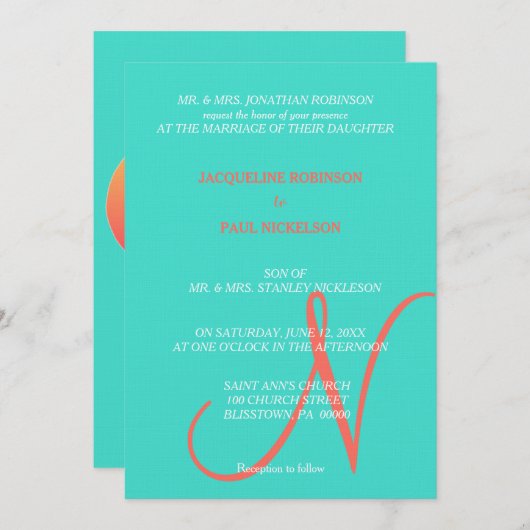 Turquoise Sunset Heart Monogram Kaart (Voorkant / Achterkant)