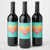 Turquoise Sunset Hearts Monogram Wijn Etiket (Flessen)