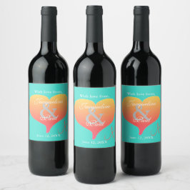 Turquoise Sunset Hearts Monogram Wijn Etiket