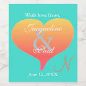 Turquoise Sunset Hearts Monogram Wijn Etiket (Enkel label)