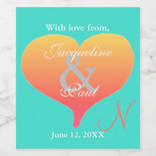 Turquoise Sunset Hearts Monogram Wijn Etiket (Enkel label)