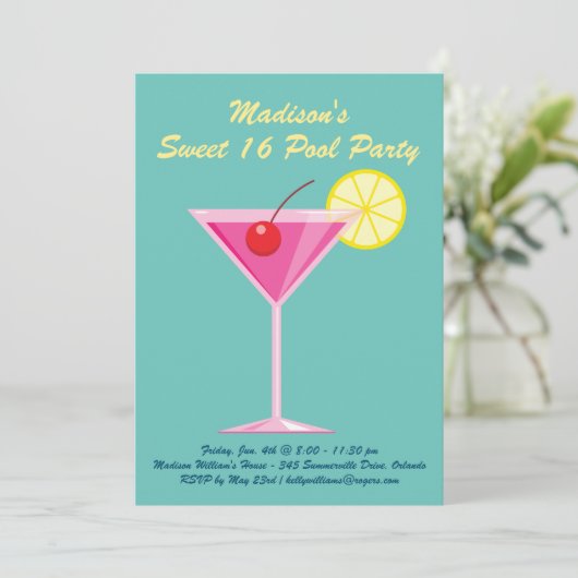 Turquoise Sweet 16 Pool Party Uitnodiging (Staand voorkant)