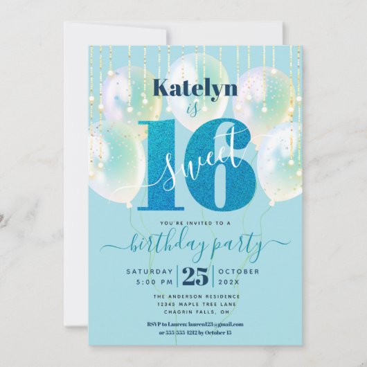 Turquoise Sweet 16 Verjaardagsballon Glitter Scrip Kaart (Voorkant)