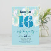 Turquoise Sweet 16 Verjaardagsballon Glitter Scrip Kaart (Staand voorkant)