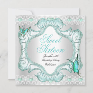 Turquoise Sweet Sixteen 16 Feestje Witte Vlinder Kaart