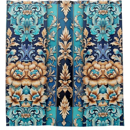 Turquoise Tan Floral Damask Tegel Westerne stijl Douchegordijn (Voorkant)