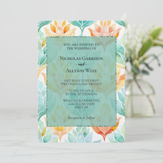 Turquoise Tangerine Abstract Bloemen Bruiloft Kaart (Staand voorkant)