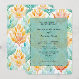 Turquoise Tangerine Abstract Bloemen Bruiloft Kaart