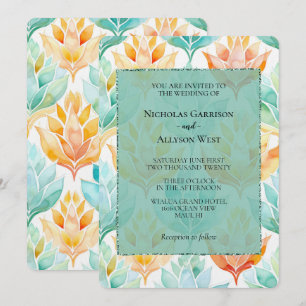Turquoise Tangerine Abstract Bloemen Bruiloft Kaart