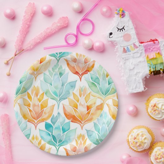 Turquoise Tangerine Abstract Bloemen Bruiloft Papieren Bordje (Feest)