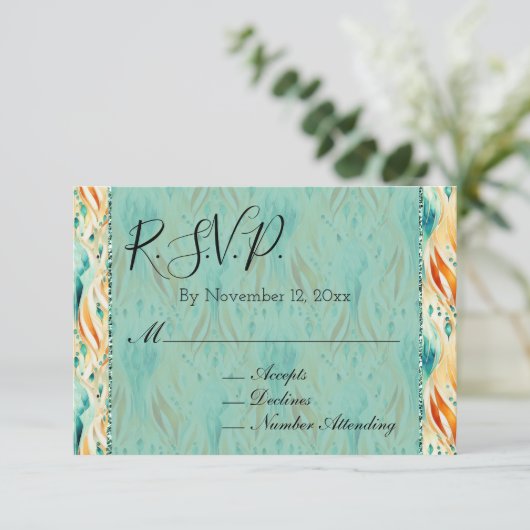 Turquoise Tangerine Abstract Jewel Bruiloft RSVP Informatiekaartje (Staand voorkant)