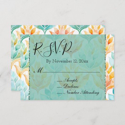 Turquoise Tangerine Abstracte Bloemige Trouw-RSVP Informatiekaartje (Voorkant / Achterkant)