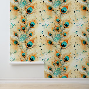 Turquoise Tangerine Aqua Oranje pauwenveren Behang