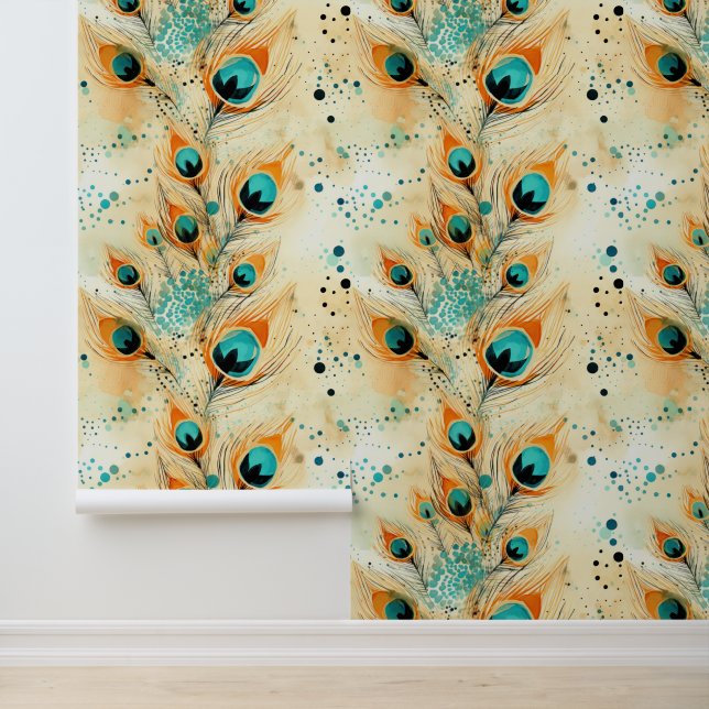 Turquoise Tangerine Aqua Oranje pauwenveren Behang (Applicatie)