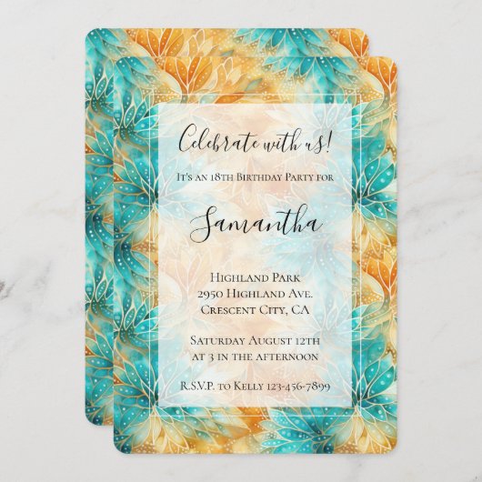 Turquoise Tangerine Bloemen Verjaardag Kaart (Voorkant / Achterkant)