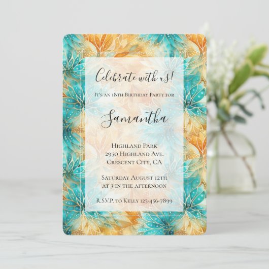 Turquoise Tangerine Bloemen Verjaardag Kaart (Staand voorkant)