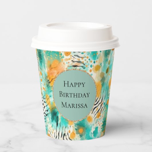 Turquoise Tangerine Zebra Papieren Bekers (Voorkant)